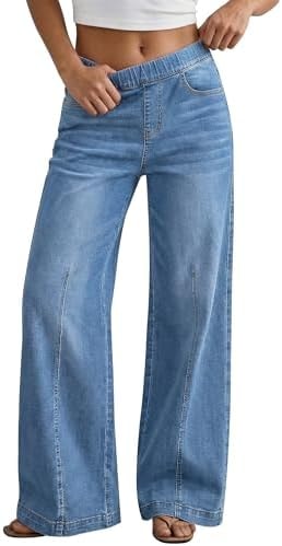 GRAPENT Womens Pull on Pants Summer Jeans Bright Star Blue (Stone Wash)