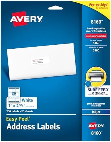 Avery Easy Peel Address Labels, Inkjet Printers, White, 1" x 2-5/8", Box of 750 Labels (08160)