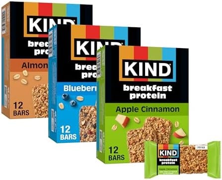KIND Breakfast Protein Variety Pack, Almond Butter, Blueberry Almond, Apple Cinnamon, 8g Protein, Gluten Free Snack Bars, Non-GMO, 18 Count
