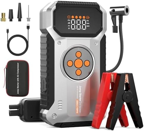 ZKpilse Car Jump Starter with Air Compressor, 4000A 12V Portable Jump Starter (All Gas/9L Diesel), Car Battery Jump Box with 150 PSI Tire Inflator, 3 Modes Flashlight, Storage Case, Jumper Cables