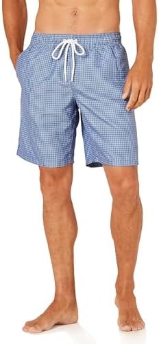 Amazon Essentials Men's 9" Breathable Swim Trunks with Mesh Lining, Elastic Waist, Pockets, Drawstring Closure, Blue Geometric Print, Medium