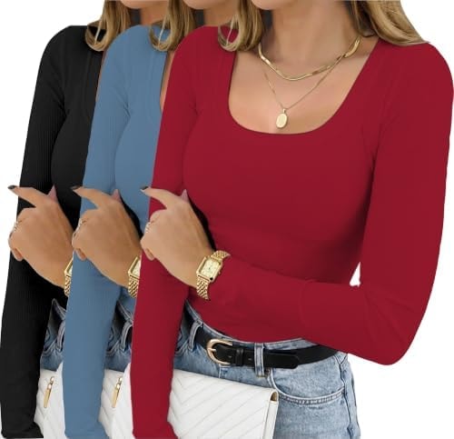 Ardazzl Womens 3 Pack Long Sleeve Shirts Ribbed Tops Black/Blue/Burgundy L