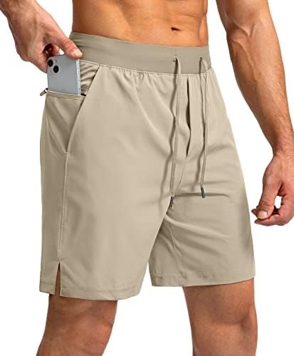 Soothfeel Men's Running Shorts with Zipper Pockets 7 Inch Lightweight Quick Dry Gym Athletic Workout Shorts for Men (Khaki, L)