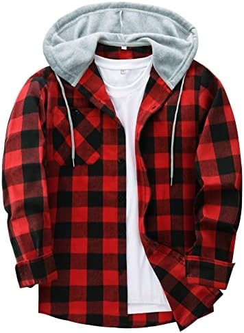 Christmas Shirt Mens Plaid Shirts Long Sleeve Mens Classic Flannel Hoodies Button Down Lightweight Jackets with Pockets A-red