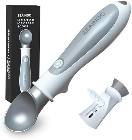 SEAINGO Heated Ice Cream Scoop - Rechargeable, ON/OFF Safety Lock Switch, Two Warming Modes, Ergonomic Handle, Electric Kitchen Tool Nonstick Scooper for Gelato, Frozen Yogurt, Sorbet & More
