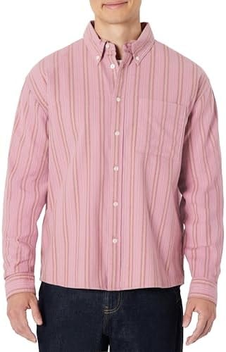 Amazon Essentials Men's Modern Oversized-Fit Cotton Button-Down Oxford Shirt, Mauve Dark Chestnut Brown Stripe, Small