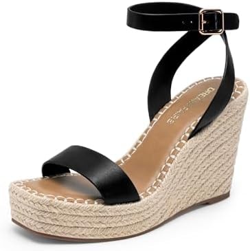 DREAM PAIRS Women's Open Toe Platform Sandals Adjustable Buckle Ankle Strap Comfortable Summer Espadrille Wooden Heeled Wedge Fashion Dressy Shoes,Size 6,Black,SDWS26008W