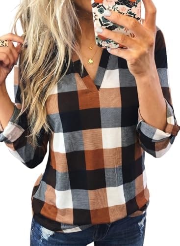 Dokotoo Women's Spring Fall Fashion Casual Ladies Basic Cotton Cuffed 3/4 Long Sleeve Plaid Print V Neck Work Tops Tunic Shirts and Blouses for Women 2025 Orange