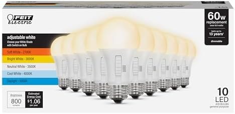 Feit Electric A19 LED Light Bulb, 60W Replacement, Dimmable, Selectable Color Temperatures (2700K-5000K), 800 Lumens, General Purpose Light Bulbs, 15,000-Hour Lifetime, OM60DM/5CCTCA/LED/ 10 Pack