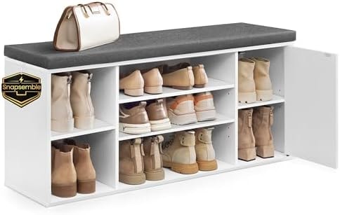 SONGMICS HOME Storage Bench, Snapsemble Superfast Assembly, 41" Wide Entryway Shoe Cubby Bench with Cushion & Adjustable Shelves, Window Shoe Rack Cabinet, Snow White and Slate Gray ULHS391WE02S