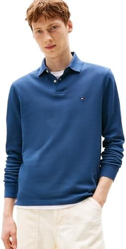 Tommy Hilfiger Men's Long Sleeve Polo Shirts in Regular Fit with Stretch and Organic Pique Cotton, Aegean SEA
