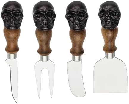 Oneida Serving Utensil Set, Skull Mirror Cheese Knives Flatware Set, Set of 4 Stainless Steel Utensils Set, Carved Wood Handles, Black Die Lacquer Finish, Halloween Decorations (4 Piece Cheese Knives)