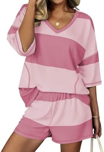 Ekouaer Two Piece Sets for Women Summer Lounge Sets 2026 Striped Shirts and Shorts Set Oversized Matching Outfit Pink Combo M