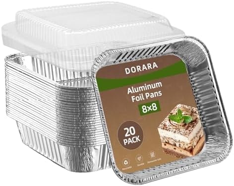 DORARA 8x8 Square Aluminum Baking Cake Pans with Lids - 20 Pack Foil Pan For Cooking, Heating, Baking Cakes, Storing, Roasting or Homemade Breads - Aluminum Baking Pans Disposable - Bottom: 6.5x6.5