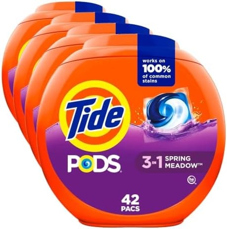 Tide, Pods laundry detergent pacs, 3-in-1 Stain Remover, Odor Fighter, Color Protector, HE compatible, Spring Meadow Scent, 42 Count (Pack of 4)
