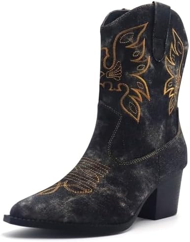 IMUU Cowboy Boots For Women Cowgirl Mid Calf Western Embroidered Boot MidChunky Block Heel Fashion Boots Size8.5