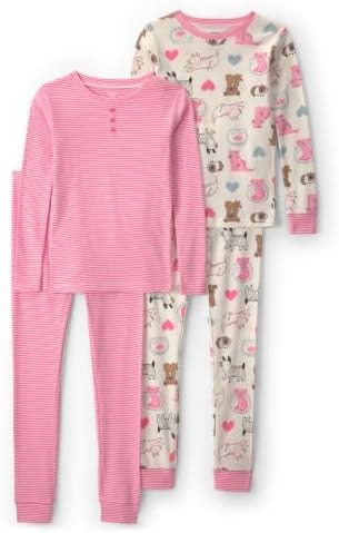 Carter's Girl 4-Piece Tight Fit Cotton Pajama Set, Pet Print w/Pink Stripe, 5