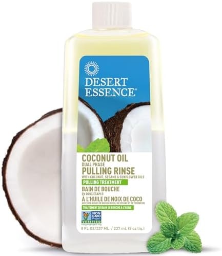 Desert Essence Coconut Oil Dual Phase Pulling Rinse, Mint, 8 fl oz - Alcohol Free, Sugar Free, Gluten Free, Vegan, Non-GMO - Organic Virgin Coconut Oil, Sesame Oil, Sunflower Oil & Tea Tree Oil