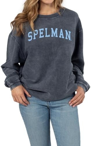 chicka-d Women's Oversized Original Corded Crew Fleece Sweatshirt NCAA Classic Arch Over Team Color, Spelman College, Navy, X-Large