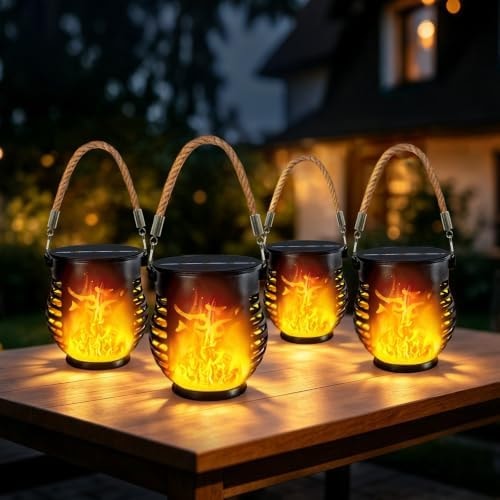 4 Pack Solar Lanterns Outdoor Waterproof Flickering Flame Lights for Garden
