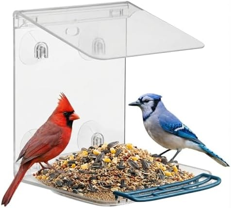 Window Bird Feeder for Outdoors with Strong Suction Cups,Sturdy and Durable Acrylic Birdfeeders for Viewing Wild Birds Outside,Mount On Window/Wall/Bird Pole Kit