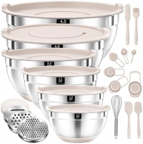 Greenloom 21 PCS Khaki Mixing Bowls with Lids Set, Stainless Steel Bowls with Non-Slip Base and Grater Attachments，Size 4.5, 4, 3.5, 2.1, 1.5, 1.1 Quarts for Baking and Mixing