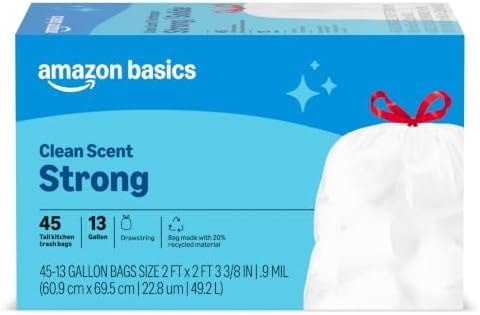 Amazon Basics Tall Kitchen Drawstring Trash Bags, Clean Scent, 13 Gallon, 45 Count, Packaging May Vary