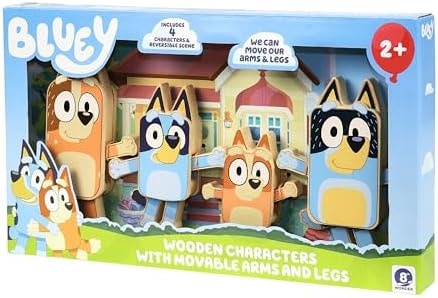 Bluey Characters Wooden Figures Set of 4, Colorful Articulate Toddler Wooden Toys with Bingo, Chilli, and Bandit, Block Set for Kids Ages 3+