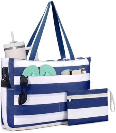 WANDF Sandproof Beach Bags for Women, Pool Tote Bag with Zipper (Navy Blue)