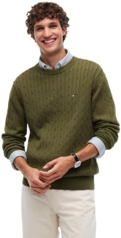 Tommy Hilfiger Men's Cable Knit Crewneck Sweater Lightweight Pullover, Huntsman Green Small