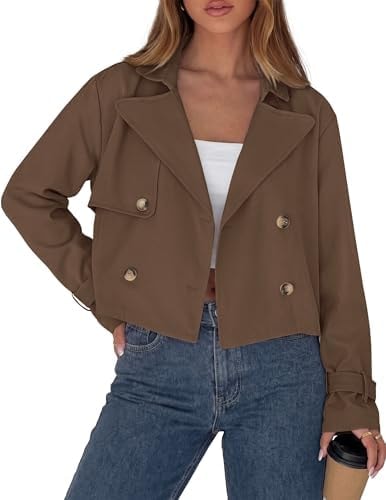 PRETTYGARDEN Cropped Trench Coat For Women Short Jacket,Brown,M
