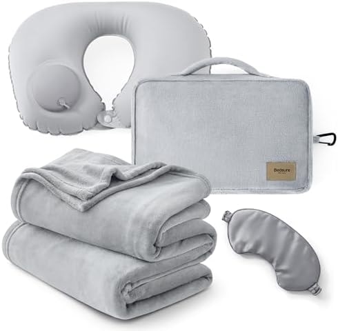 Bedsure Travel Blanket Set with Inflatable Neck Pillow and Eye Mask, Grey