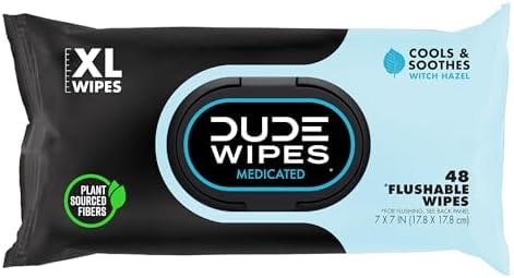 DUDE Wipes Medicated Hemorrhoid Flushable Wipes, Witch Hazel, 48 Count