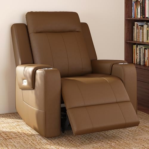 FLEXISPOT Truffle Top Grain Leather Power Wall Hugger Recliner, Light Brown