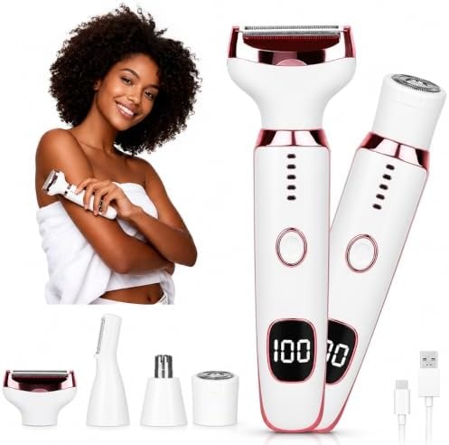 Beanify Electric Razor for Women Men with LED Display,4 in 1 Ladies Wet & Dry Body Razors and Facial Hair Remover, Rechargeable Hair Removal Kit for Nose Face Body Leg Bikini Arm Hair (Pink White)