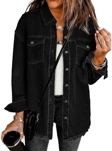 luvamia Denim Jacket for Women Oversized Button Down Casual Jean Shacket Jackets Long Sleeve Frayed Hem Western Trendy Fashion Fall Jackets For Woman True Black Size Medium Fits US 8-10
