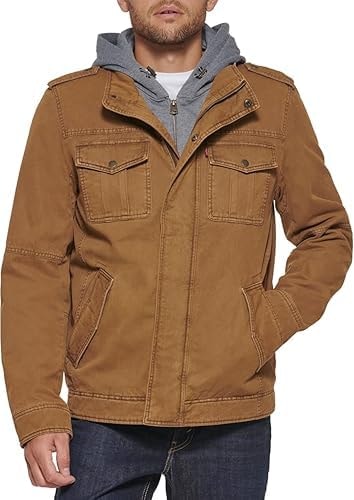 Levi's Men's Washed Cotton Hooded Military Jacket Coat, Worker Brown, L