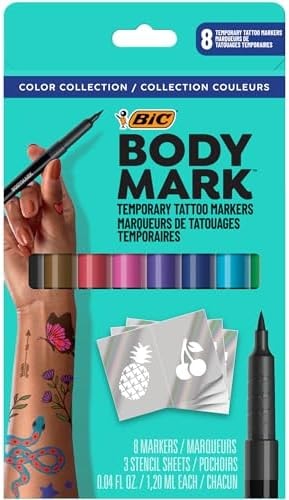 BODYMARK Temporary Tattoo Markers, 8-Count Color Collection, Skin-Safe