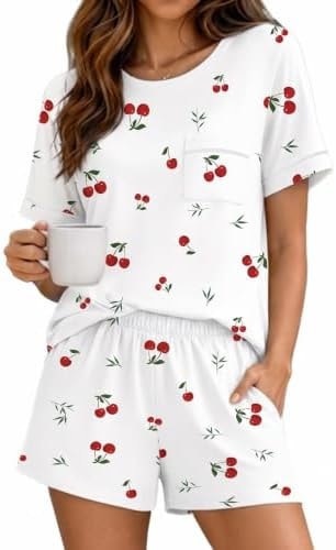 Ekouaer Womens Pajama Sets 2 Piece Short Sleeve Lounge Set Cherry