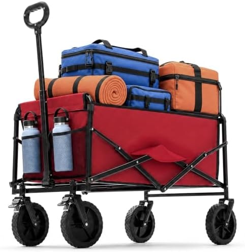 DUMOS Collapsible Wagon Cart, Heavy Duty Foldable Utility Wagon with Lockable Brake Wheels – 330 lbs Capacity, Flexible Handle for Beach, Garden, Sports, Grocery & Camping, Red