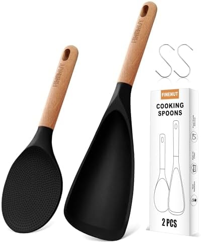 FINENUT Cooking Spoon Multifunction Spoonula Silicone Spatula Spoon 2-Pack, Dual-Use Heat Resistant 446°F, BPA-Free Non-Toxic Wooden Handle Rice Spoon Set for Non-Stick Cookware & Rice Cookers
