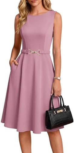 GRACE KARIN Work Business Midi Flowy Sleeveless Dresses for Women Pink L