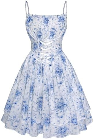 Scarlet Darkness Women Corset Milkmaid Dress Cottagecore Floral Sundress Blue Floral L