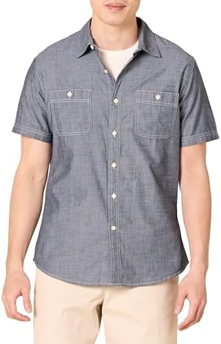 Amazon Essentials Men's Slim-Fit Short-Sleeve Chambray Shirt Shirt, -Grey, Medium