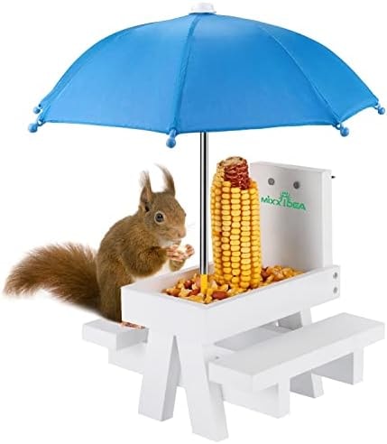 MIXXIDEA Squirrel Feeder Table with Umbrella, Wooden Squirrel Picnic Table Feeder, Durable Squirrel Feeder Corn Cob Holder, with Solid Structure and 2 x Thick Benches(White&Blue)