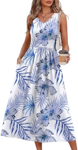 Summer Dresses for Women 2026 Maxi Long Casual Spring Dress Flowy Beach Vacation Clothes Travel Cruise Outfits Resort Wear Sleeveless Cute Midi Dresses Sundresses for Women Floral Blue Leaf 2XL