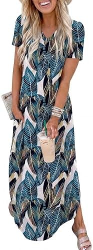 ANRABESS Women’s Summer Maxi Dress V Neck Short Sleeve Slit Side Shirt Dress Loose Fit Travel Beach Dress with Pockets Leaf Printed Large
