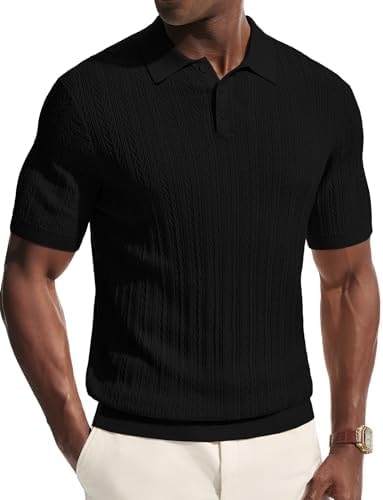 PJ PAUL JONES Mens Short Sleeve Knit Polo Shirts Casual Textured Polo Golf Shirts Summer Beach Shirt Black L