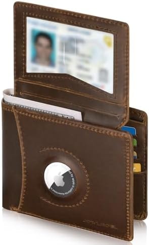 Jowlroel Wallet for Men with AirTag Holder - Crazy Horse Leather Mens Wallet for AirTag RFID Blocking Wallet with 2 ID Windows 12 Cards Holders - Gift Box, Airtag Not Included