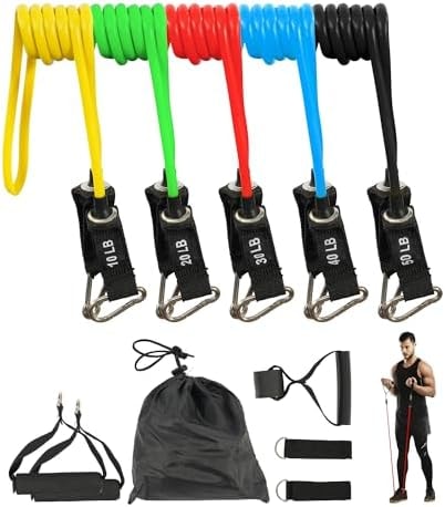Fitvids Resistance Bands Set 150lb | 5 Exercise Bands with Handles, Ankle Straps, Door Anchor, Travel Storage Bag for Home Gym Strength Training, Full Body Workout for Men Women Beginners & Advanced